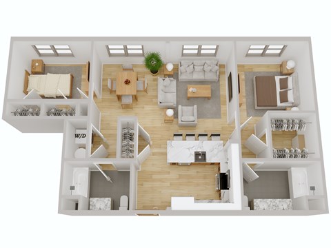 A 3D floor plan of a house with a kitchen, living room, dining room, and two bedrooms.